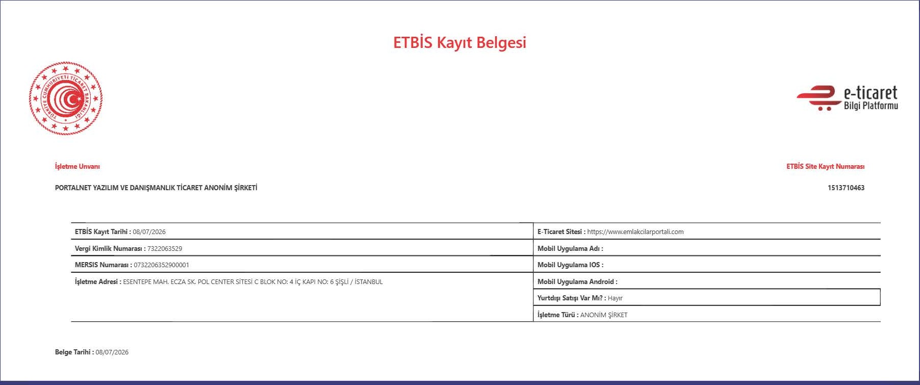 ETBİS Kayıt Belgesi